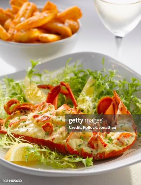 lobster thermidor with curled endive - krulandijvie stockfoto's en -beelden