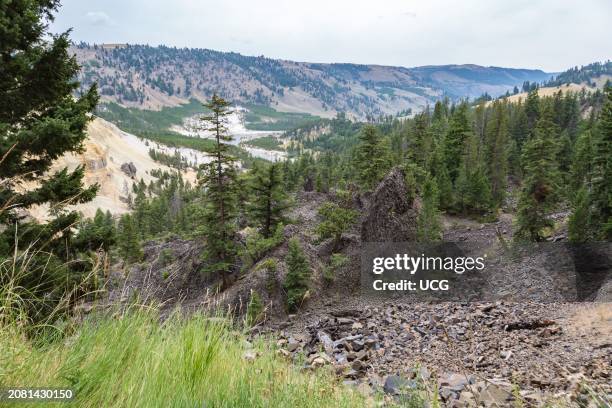 View of the Yellowstone River at the bottom of the Grand Canyon of the Yellowstone from Calcite Springs Overlook in Yellowstone National Park,...