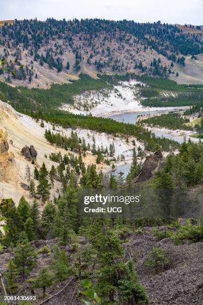 View of the Yellowstone River at the bottom of the Grand Canyon of the Yellowstone from Calcite Springs Overlook in Yellowstone National Park,...