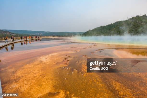 Park visitors on observation boardwalk get close up view of the Grand Prismatic Spring in the Midway Geyser Basin of Yellowstone National Park,...