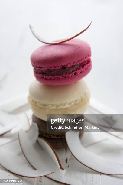 three macarons: blackcurrant, coconut and chocolate - cassis fotografías e imágenes de stock