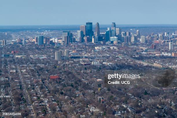 Minneapolis, Minnesota. Aerial view of Minneapolis skyline and surrounding area.