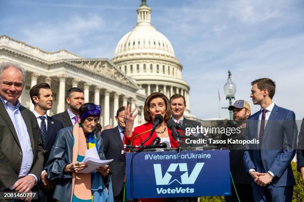 Former U.S. Speaker of the House Rep. Nancy Pelosi speaks to media outside the US Captiol on March 13, 2024 in Washington, DC. VoteVets held a press...