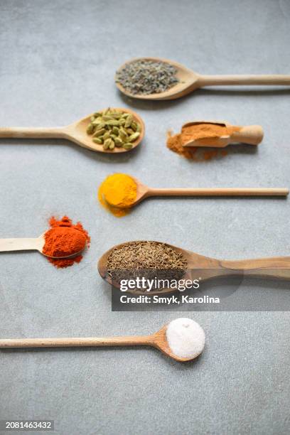 spice on a spoon (lavender, cardamom, cinnamon, turmeric, capsicum, cumin, salt) - paprika stock pictures, royalty-free photos & images