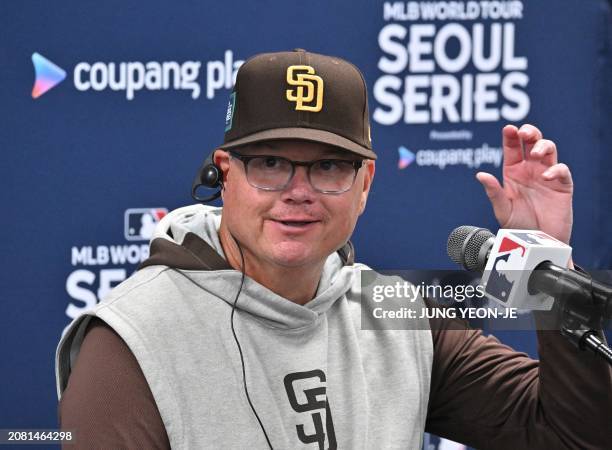 San Diego Padres manager Mike Shildt speaks during a press conference prior to a baseball workout at Gocheok Sky Dome in Seoul on March 16 ahead of...