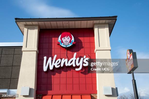 Maplewood, Minnesota. Closeup of a Wendy's. Fast food chain. Exterior of building with logo. .