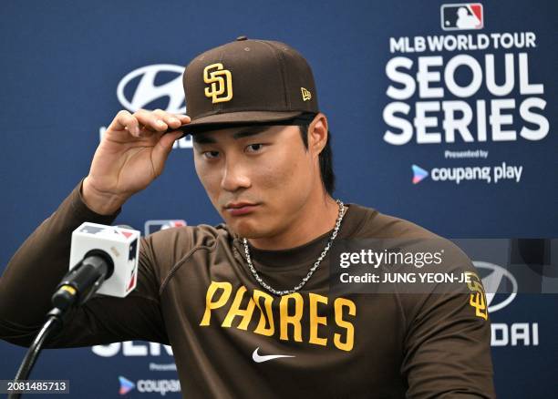 San Diego Padres' Kim Ha-Seong reacts during a press conference prio to a baseball workout at Gocheok Sky Dome in Seoul on March 16 ahead of the 2024...