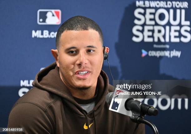 San Diego Padres' Manny Machado speaks during a press conference prio to a baseball workout at Gocheok Sky Dome in Seoul on March 16 ahead of the...