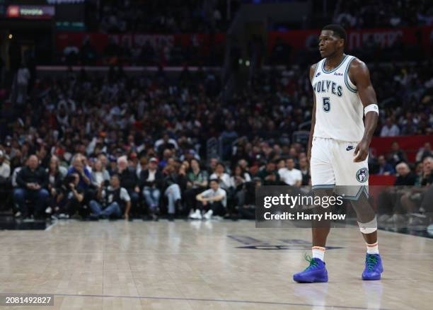 Anthony Edwards of the Minnesota Timberwolves during a 118-100 Timberwolves win over the LA Clippers at Crypto.com Arena on March 12, 2024 in Los...