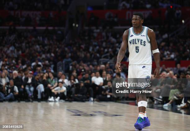 Anthony Edwards of the Minnesota Timberwolves during a 118-100 Timberwolves win over the LA Clippers at Crypto.com Arena on March 12, 2024 in Los...