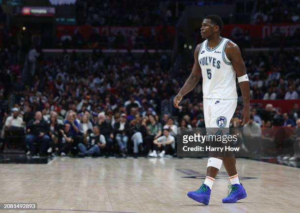 Anthony Edwards of the Minnesota Timberwolves during a 118-100 Timberwolves win over the LA Clippers at Crypto.com Arena on March 12, 2024 in Los...