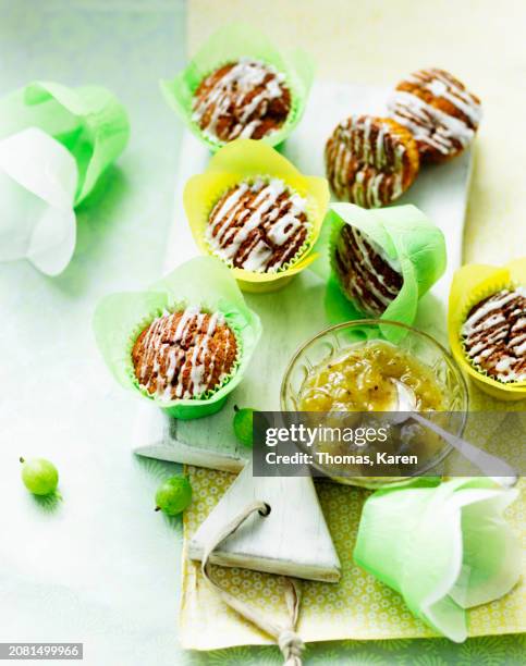 gooseberries muffins with icing - gooseberry cake stock pictures, royalty-free photos & images