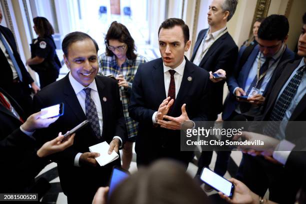Rep. Raja Krishnamoorthi and Rep. Mike Gallager talk with reporters after the House of Representatives voted on legislation they co-sponsored that...