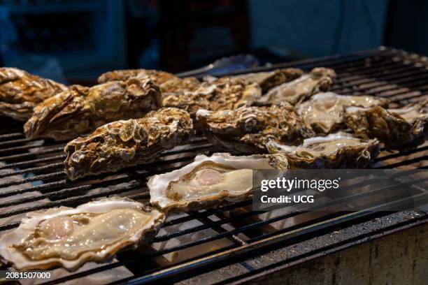 Street stall selling Barbecue Oysters, Zhuhai, China.