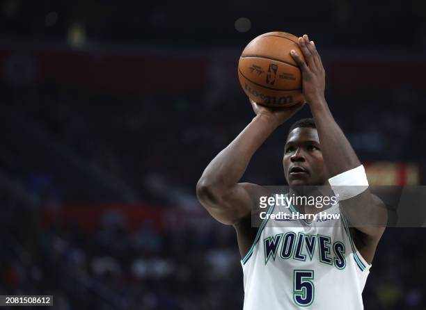 Anthony Edwards of the Minnesota Timberwolves shoots during a 118-100 Timberwolves win over the LA Clippers at Crypto.com Arena on March 12, 2024 in...