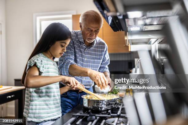 grandfather and granddaughter cooking in kitchen - hot american girl stock pictures, royalty-free photos & images