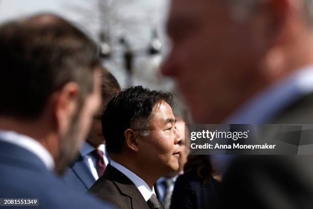 Rep. Ted Lieu speaks during a news conference with VoteVets outside of the U.S. Capitol building on March 13, 2024 in Washington, DC. VoteVets held a...