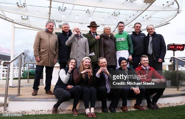 Trainer Willie Mullins looks on alongside Wife Jackie Mullins, Jockey and Son Patrick Mullins, Ruby Walsh and stable staff as Jasmin De Vaux ridden...