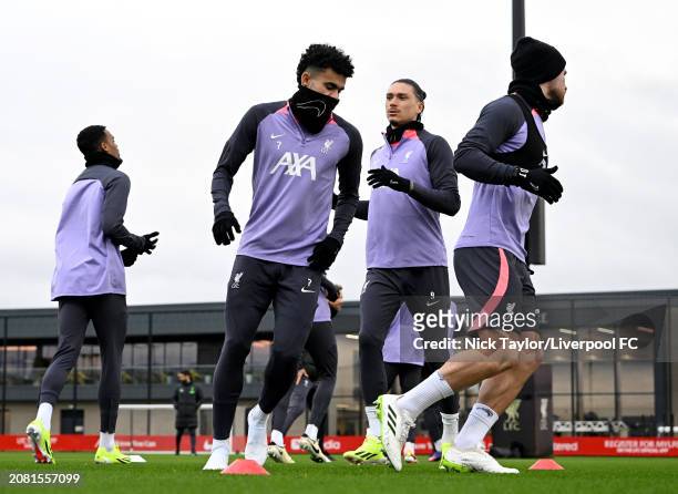 Luis Diaz and Darwin Nunez of Liverpool during a training session at AXA Training Centre during the UEFA Europa League 2023/24 round of 16 first leg...