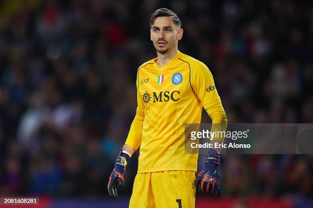 Alex Meret of SSC Napoli looks on during the UEFA Champions League 2023/24 round of 16 second leg match between FC Barcelona and SSC Napoli at Estadi...