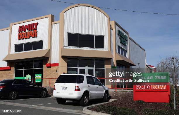 Sign is posted in front of a Dollar Tree and Family Dollar store on March 13, 2024 in Rio Vista, California. Dollar Tree announced plans to close...