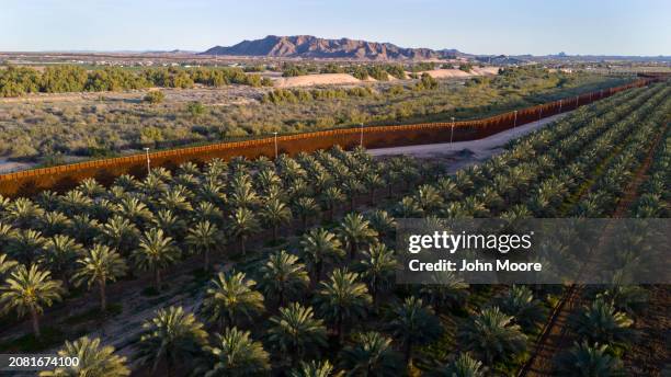 In an aerial view, the U.S.-Mexico border stretches past a date farm on March 9, 2024 in Yuma, Arizona. The area is part of the Yuma Irrigation...