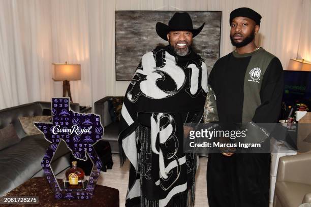 Bun B and Maurice Kamara cheer to the All-American Takeover in the Crown Royal Lounge at Houston Rodeo at NRG Stadium on March 12, 2024 in Houston,...