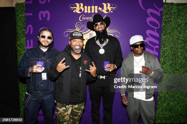 Le$, Bun B, Slim Thug and Lil Keke cheer to the All-American Takeover in the Crown Royal Lounge at Houston Rodeo at NRG Stadium on March 12, 2024 in...