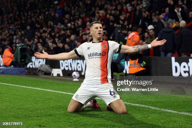 Ross Barkley of Luton Town celebrates scoring his team's third goal during the Premier League match between AFC Bournemouth and Luton Town at...