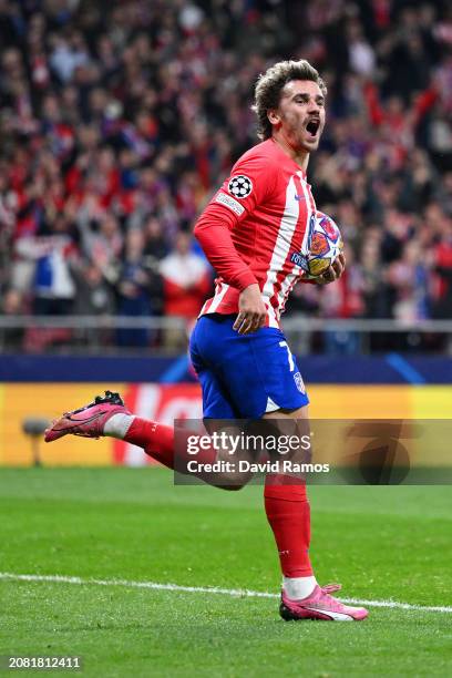 Antoine Griezmann of Atletico Madrid celebrates scoring his team's first goal during the UEFA Champions League 2023/24 round of 16 second leg match...