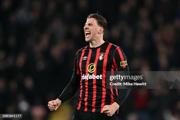 Illya Zabarnyi of AFC Bournemouth celebrates scoring his team's second goal during the Premier League match between AFC Bournemouth and Luton Town at...