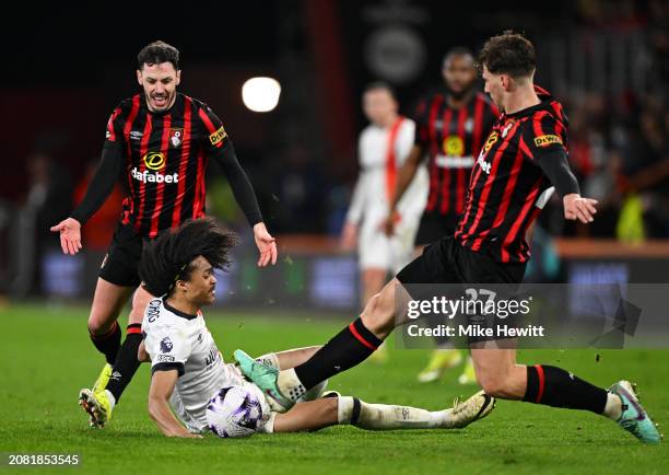 Tahith Chong of Luton Town collides with Illya Zabarnyi of AFC Bournemouth after being fouled by Adam Smith of AFC Bournemouth during the Premier...