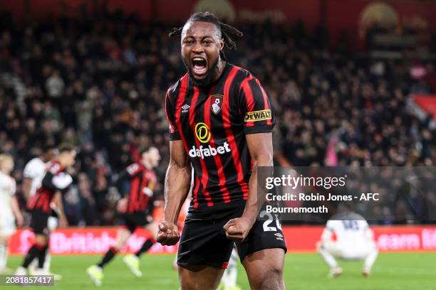 Antoine Semenyo of Bournemouth celebrates after scoring to make it 3-3 during the Premier League match between AFC Bournemouth and Luton Town at...