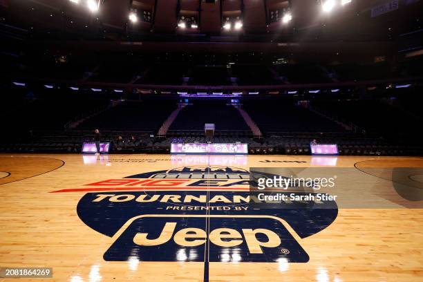 General view of the center court logo before the First Round of the Big East Basketball Tournament at Madison Square Garden on March 13, 2024 in New...