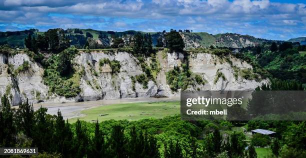 new zealand landscape with whitecliffs with rangitikei river in springtime - ohingaiti new zealand - manawatu imagens e fotografias de stock