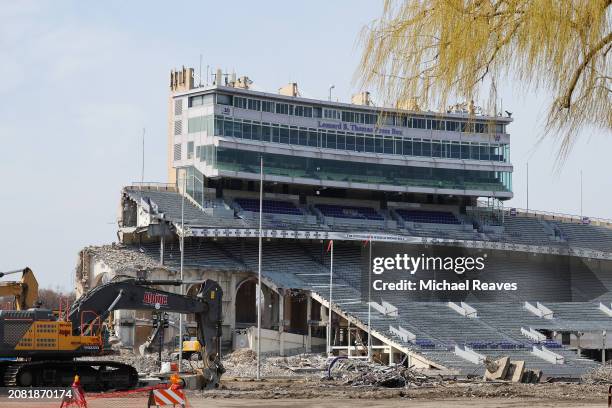 General view as construction workers demolish Ryan Field on March 13, 2024 in Evanston, Illinois. The 98 year-old Ryan Field is being demolished to...