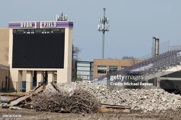 General view as construction workers demolish Ryan Field on March 13, 2024 in Evanston, Illinois. The 98 year-old Ryan Field is being demolished to...