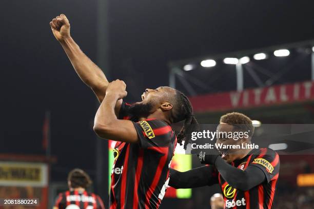 Antoine Semenyo of AFC Bournemouth celebrates scoring his team's fourth goal alongside Marcus Tavernier during the Premier League match between AFC...