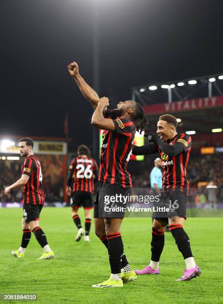 Antoine Semenyo of AFC Bournemouth celebrates scoring his team's fourth goal alongside Marcus Tavernier during the Premier League match between AFC...