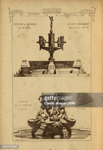 public fountain, belgium, rome, history of architecture, decoration and design, art, victorian, 19th century - bronze medal stock illustrations