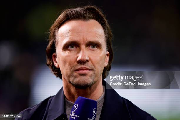 Boudewijn Zenden looks on prior to the UEFA Champions League 2023/24 round of 16 second leg match between Borussia Dortmund and PSV Eindhoven at...