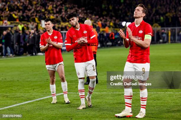 Hirving Lozano of PSV Eindhoven, Ricardo Pepi of PSV Eindhoven and Luuk de Jong of PSV Eindhoven looks on after the UEFA Champions League 2023/24...