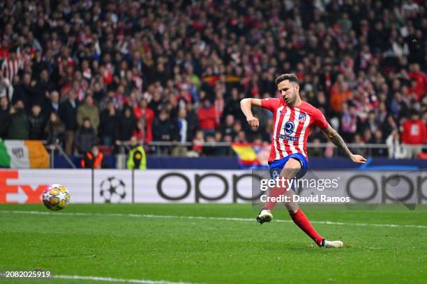 Saul Niguez of Atletico Madrid takes the team's second penalty in the penalty shoot out which is saved by Yann Sommer of FC Internazionale during the...