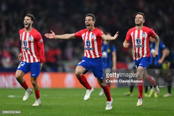Cesar Azpilicueta of Atletico Madrid celebrates following the team's victory in the penalty shoot out during the UEFA Champions League 2023/24 round...