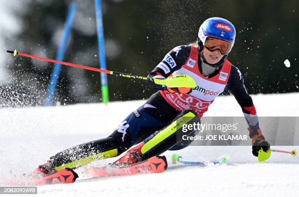 S Mikaela Shiffrin competes in the women's Slalom event of FIS Ski Alpine World Cup in Saalbach, Austria on March 16, 2024.