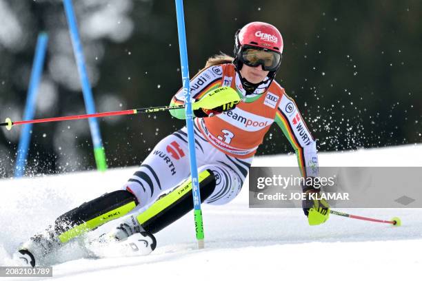 Germany's Lena Duerr competes in the women's Slalom event of FIS Ski Alpine World Cup in Saalbach, Austria on March 16, 2024.