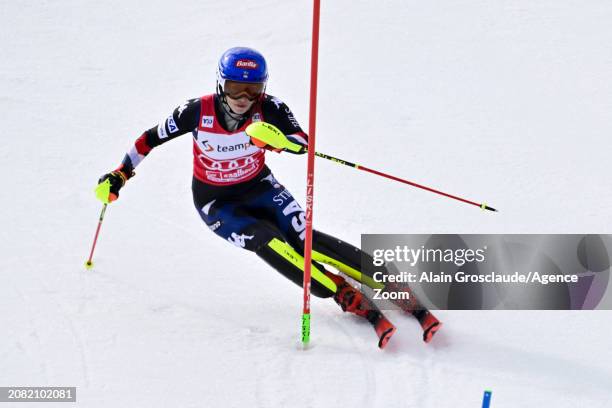 Mikaela Shiffrin of Team United States in action during the Audi FIS Alpine Ski World Cup Finals Women's Slalom on March 16, 2024 in Saalbach Austria.