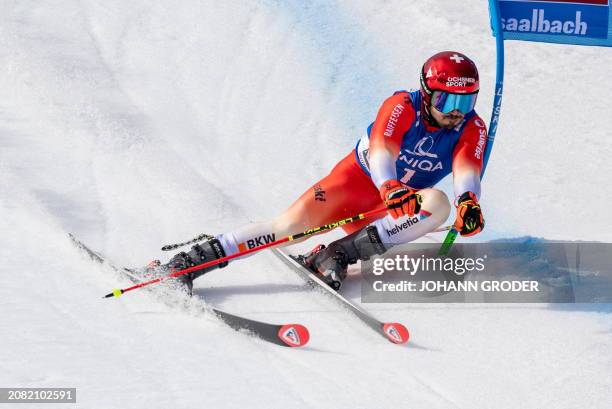 Switzerland's Loic Meillard competes in the men's Giant Slalom event of FIS Ski Alpine World Cup in Saalbach, Austria on March 16, 2024. / Austria...