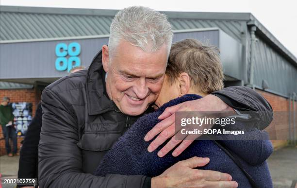 Lee Anderson MP warmly greets a constituent in the Co-op car park in Selston during the Reform UK campaign day. Former Conservative MP, Lee Anderson...