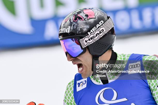 Joan Verdu of Team Andorra celebrates during the Audi FIS Alpine Ski World Cup Finals Men's Giant Slalom on March 16, 2024 in Saalbach Austria.